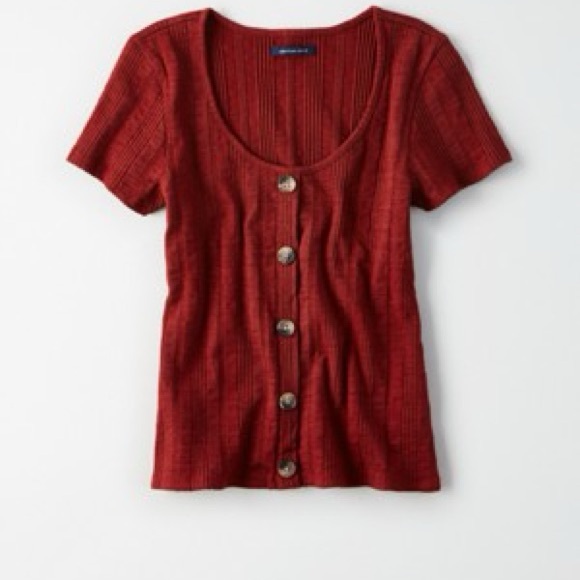 AE Rustic Red Ribbed Button-Down Tee - Picture 2 of 5